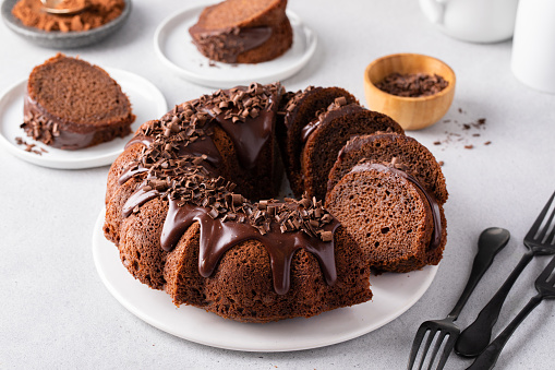 Chocolate bundt cake with chocolate ganache icing, homemade chocolate dessert