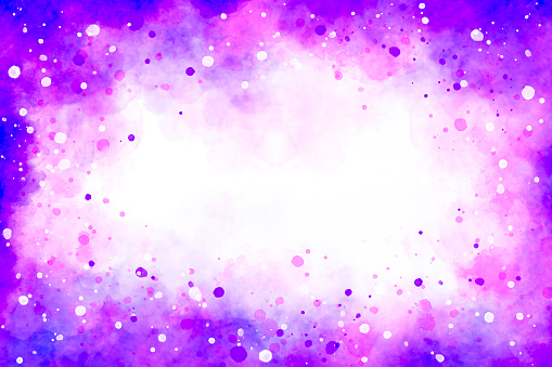 Watercolor Vignette with Splashing Paint Droplets - Pink and Purple - copy space