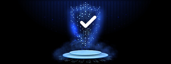 Robust Cybersecurity Symbolized by a Glowing Polygonal Shield with a Check Mark, Illuminating the Dark Cyber Landscape