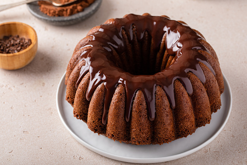 Chocolate marble cake with chocolate ganache made in a bundt pan, dessert idea