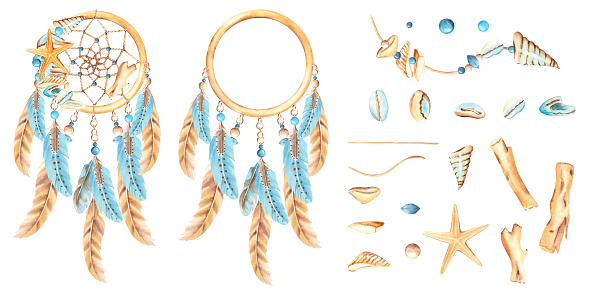 Watercolor hand drawn dream catcher set with blue and beige feathers and set of marine jewelry. Sea star, small sea shells and stones, sea pebbles and beads with strings. Wooden stocks. Design elements isolated on white background