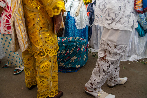 Santo Amaro, Bahia, Brazil - May 19, 2019: Candomble fans are seen in rituals at the Bembe do Mercado festival in the city of Santo Amaro, Bahia.