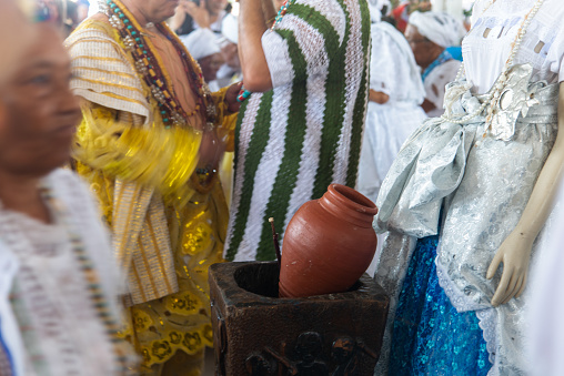 Santo Amaro, Bahia, Brazil - May 19, 2019: Candomble fans are seen participating in the Bembe do Mercado party in the city of Santo Amaro, Bahia.