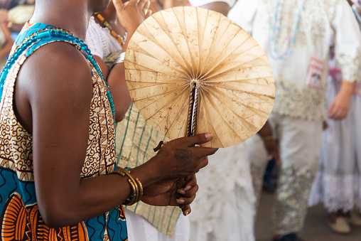 Santo Amaro, Bahia, Brazil - May 19, 2019: Candomble fans are seen participating in the Bembe do Mercado party in the city of Santo Amaro, Bahia.