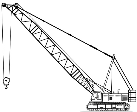 Mobile of Hydraulic lift crane. Silhouette of Crane in flat style. Industrial machine equipment or vehicle with hoist, hook for service, erection and lifting heavy load in building construction site.
