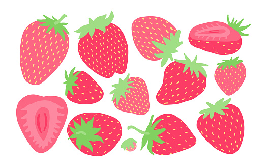 Assorted strawberries in flat design, showcasing whole and halved fruit with vibrant red and green hues, perfect for fresh, healthy themes.