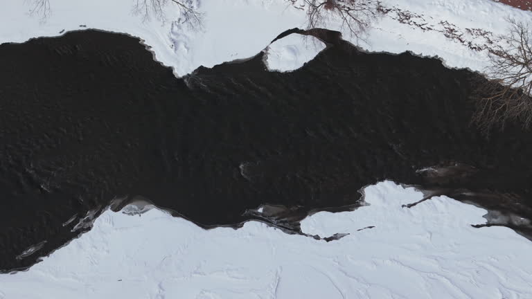 Aerial top down footage of a winter river, the banks are covered with snow