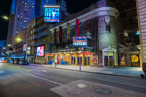 NY, USA, 04.16.2024. Beautiful night view of the Broadhurst Theatre showcasing the premiere of the musical \