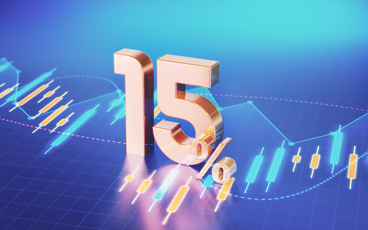 3d render 15 Percent Symbol sitting on Business and Financial and Technical Data Chart (Depth of field)