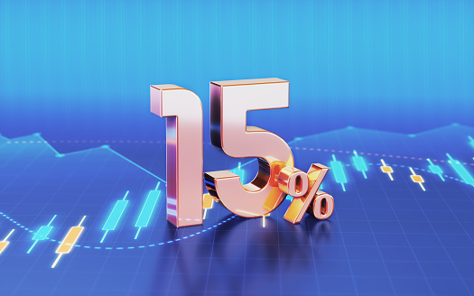 3d render 15 Percent Symbol sitting on Business and Financial and Technical Data Chart (Depth of field)