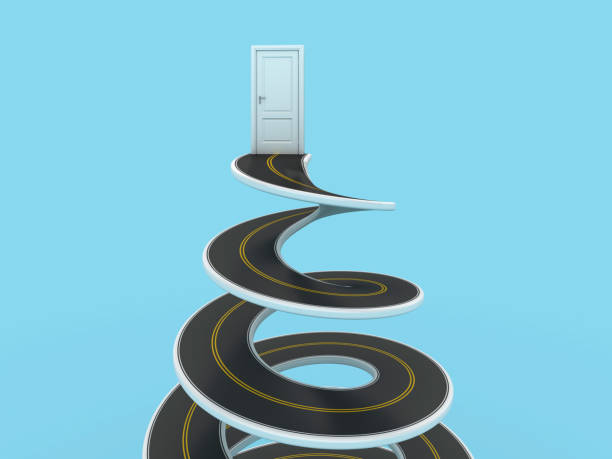 3D Closed Door on Spiral Road - Colored Background - 3D Rendering