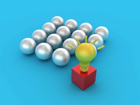 Spheres with Red Cube Block with Light Bulb - Colored Background - 3D Rendering