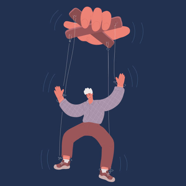 istock Cartoon vector illustration of controlling man. Hand hold pupped man 2149036315