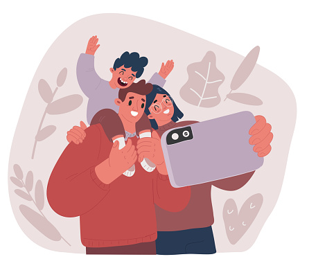 Cartoon vector illustration of Family taking picture with phone or talk with friends or relatives on chat. Happy moments. Mother, father and son, kid sittin on fathers shoulders.