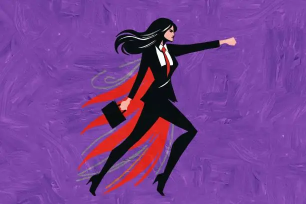 The vibrant and modern art illustration of a confident and determined businesswoman superheroine in action. Showcasing her leadership and success in the corporate world through empowerment