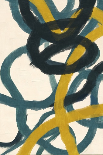 Modern abstract acrylic painting with intertwined shapes, dynamic composition, and bold blue and yellow color interplay, featuring black abstract lines and a textured surface