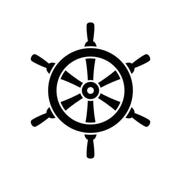 ikona na volantu. kormidlo lodi. černá silueta. pohled zepředu. vektorová jednoduchá plochá grafická ilustrace. izolovaný objekt na bílém pozadí. izolovat. - volant stock ilustrace