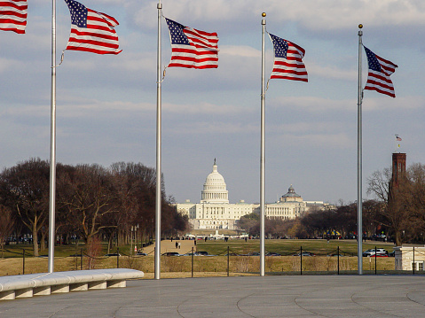 US Capitol framed by four Flags.