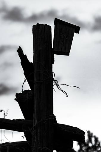 Silhouette of a Birdhouse on a fencepost