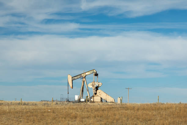 Oil drilling pump jack rig in a field