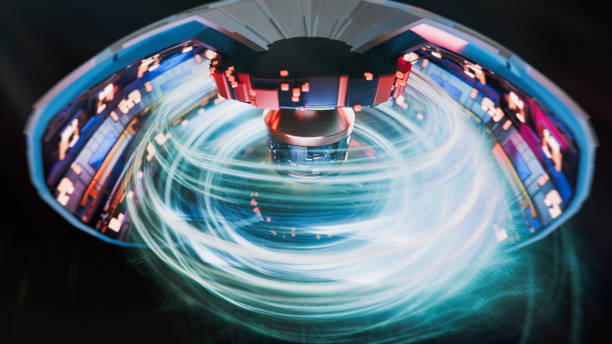 Abstract Reactor Tokamak - 3d render image of  nuclear fusion reactor, tokamak magnetic field to confine plasma in the shape of a torus. Toroidal shape, clean energy. Cutting-edge tokamak fusion reactor generating clean, sustainable energy with plasma. The future of power technology.