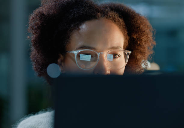 istock Serious, black woman and specialist with vision by computer for work, job and task for digital career. Internship, professional and IT expert with technology for email. communication or internet 2149038038