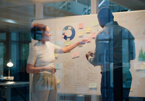 istock Collaboration, training and whiteboard with business people in office together for upskill development. Data, statistics or information with man and woman employee meeting in workplace for teamwork 2149038042