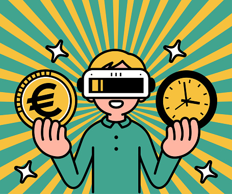 Future Style Characters Designs Vector Art Illustration.
A boy wearing a virtual reality headset or VR glasses enters the metaverse, looks at the viewer, and shows Time and Money.