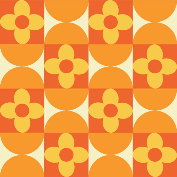 Mid century orange half circles with yellow retro flowers on squares seamless pattern. Mid century orange half circles with yellow retro flowers on squares seamless pattern. For home décor, wallpaper and wrapping paper illusion pattern circle image created 1960s stock illustrations