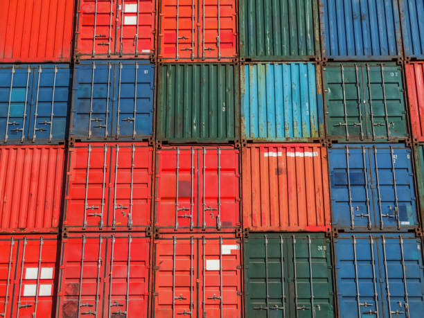 istock Grid of shipping containers stacked high 2149038407