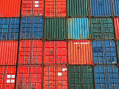 Grid of shipping containers stacked high