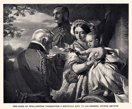 Arthur Wellesley, 1st duke of Wellington (1769-1852), presenting a birthday gift to his godson, Prince Arthur. Vintage etching circa late 19th century. Digital restoration by pictore.