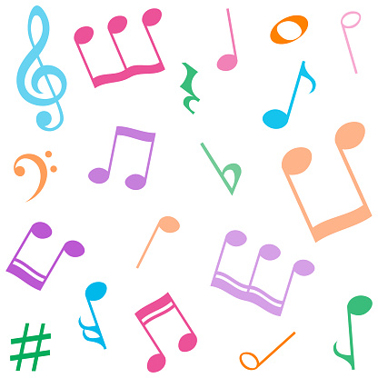 Music notes colorful background, musical pattern, vector illustration.