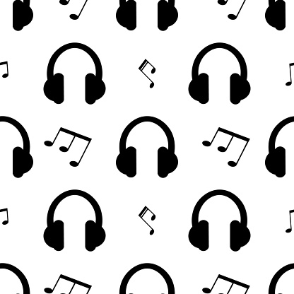 Music notes and headphones, musical seamless pattern, vector illustration.