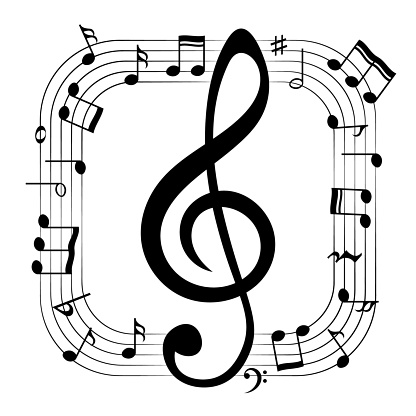 Music notes frame, treble clef inside square shape, musical vector background.