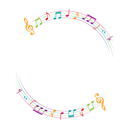 Colorful musical round border, music notes frame, vector illustration.