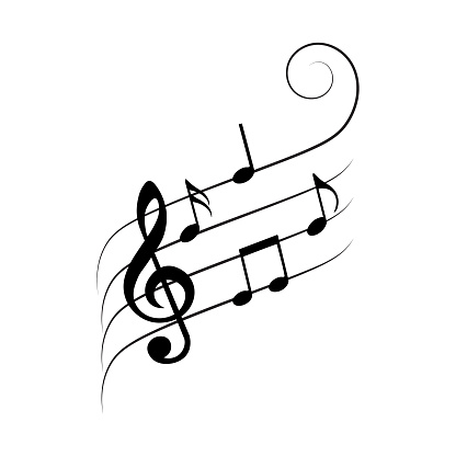 Music notes on wavy lines with swirl, vector illustration.