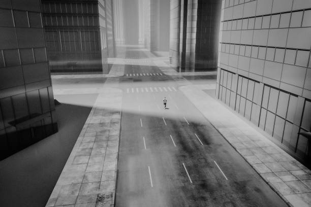 istock Lonely man walking in deserted empty city streets 2149042561