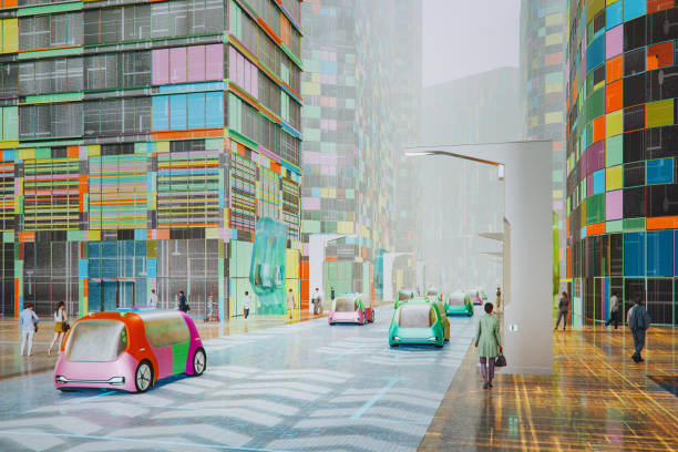 istock Futuristic city with people and autonomous electric vehicles 2149042574