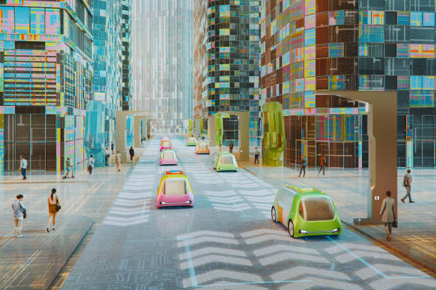 black futuristic electric car very fast driving in sci fi sity, town. Concept of future. 3d rendering