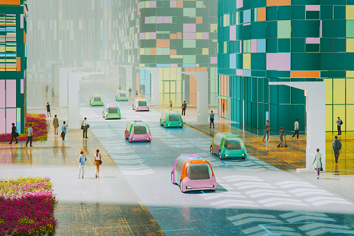 Futuristic city with people and autonomous electric vehicles. 3D generated image. Vehicle is generic and not based on any real (or concept) model/brand.
