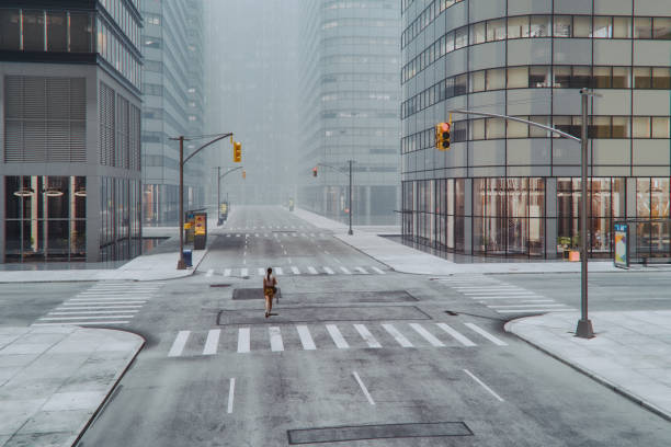 Lonely woman walking in deserted empty city streets. 3D generated image. All advertising images are my own renders.