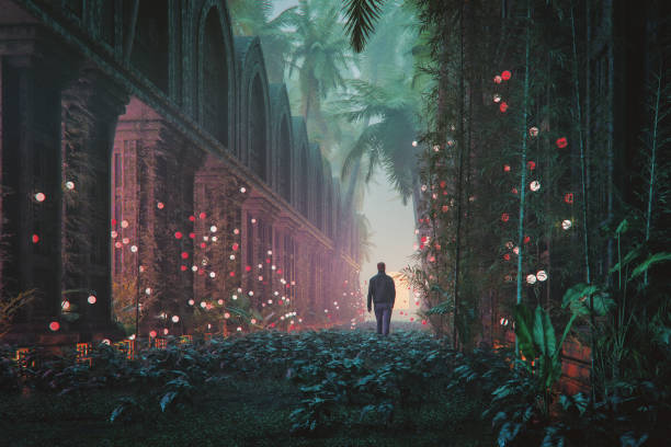 istock Man walking in mysterious old temple garden 2149042599