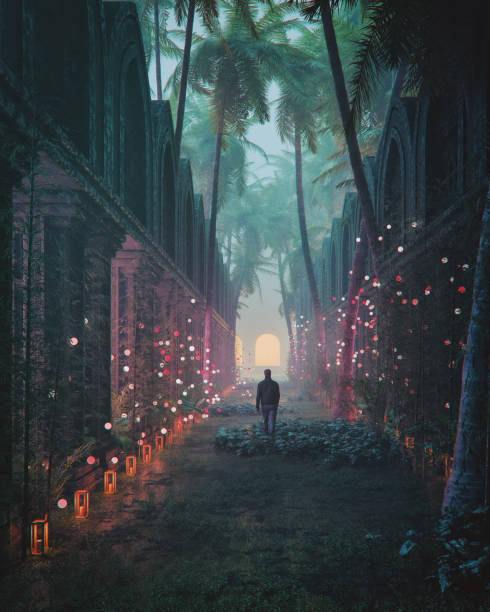 istock Man walking in mysterious old temple garden 2149042611