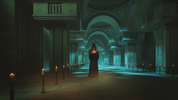 istock Monk walking in dark church at night 2149042618