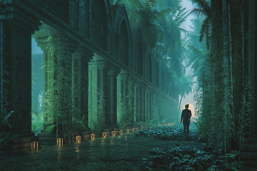 Woman walking in mysterious old temple garden. 3D generated image. Generic location.