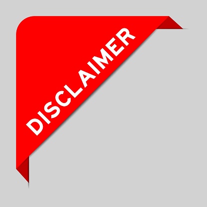 Red color of corner label banner with word disclaimer on gray background