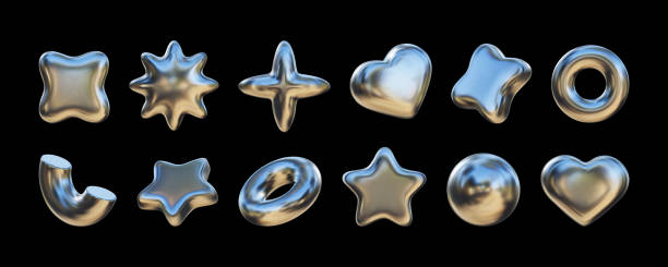 set aus dreidimensionalen aufgeblasenen geometrischen formen, chromelementen für design im y2k-stil. vektor-3d-renderformen in retro-futurismus-ästhetik. - chrom stock-grafiken, -clipart, -cartoons und -symbole