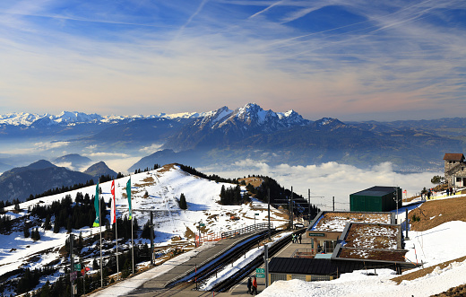 Mount Rigi, Switzerland – February 06, 2024: Visiting the summit of Mount Rigi. The Rigi railway is notable as the first mountain rack railway in Europe, and even the second in the world, after the Mount Washington Cog Railway.
