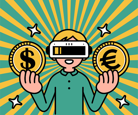 Future Style Characters Designs Vector Art Illustration.
A boy wearing a virtual reality headset or VR glasses enters the metaverse, looks at the viewer, and shows money with a Dollar and Euro sign.